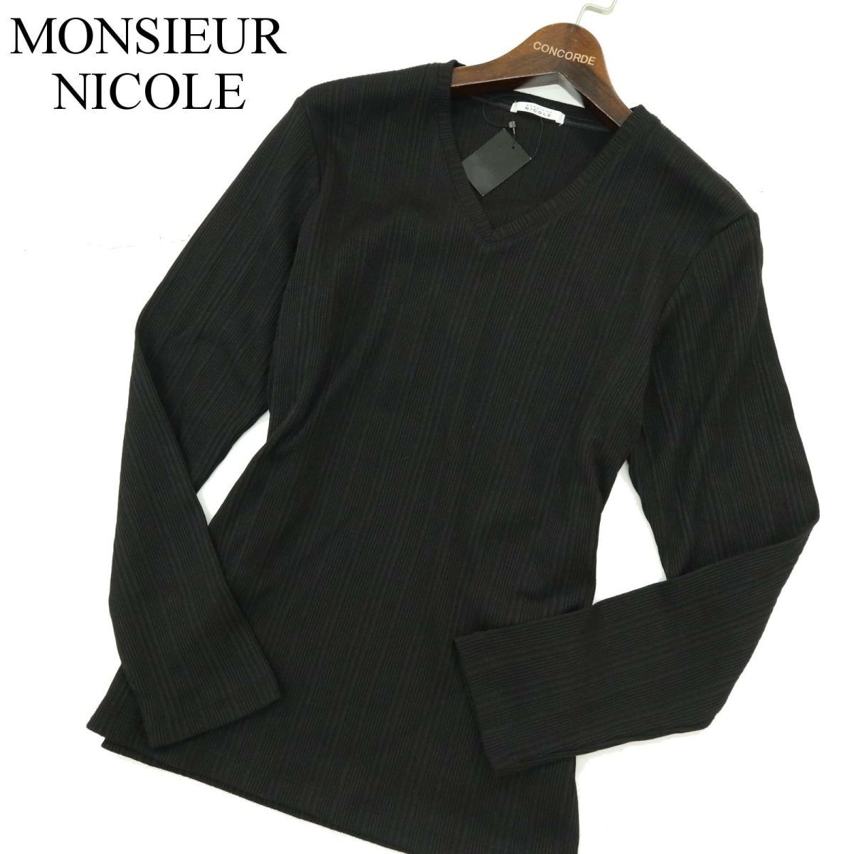 新品 未使用★ MONSIEUR NICOLE ムッシュ ニコル 春夏 テレコ 長袖 Vネック リブ カットソー ロンTシャツ Sz.46　メンズ 黒　A3T09216_8#D