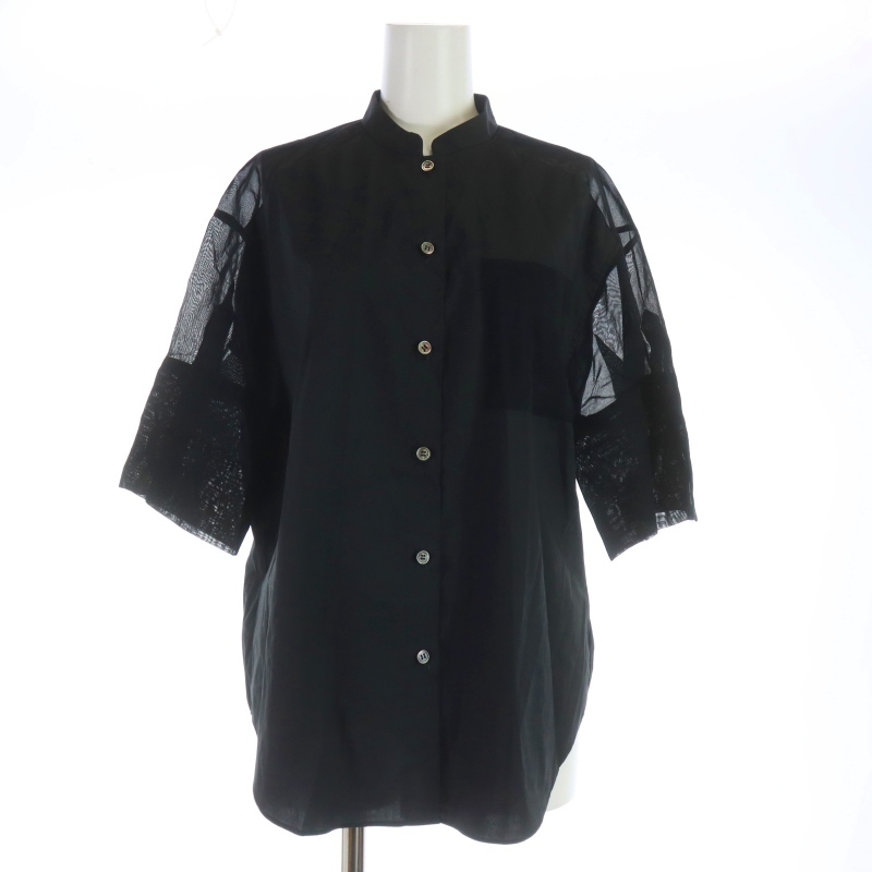 ベイジ BEIGE ブラウス シャツ 切替 シアー シースルー バンドカラー 五分袖 ストレッチ 4 M 黒 ブラック /KU レディース