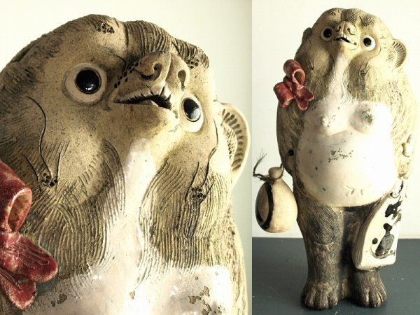 信楽焼雌狸置物　リボン　信楽焼　陶器　高さ75㎝　縁起物　商売繁盛　ディスプレイ　レトロ