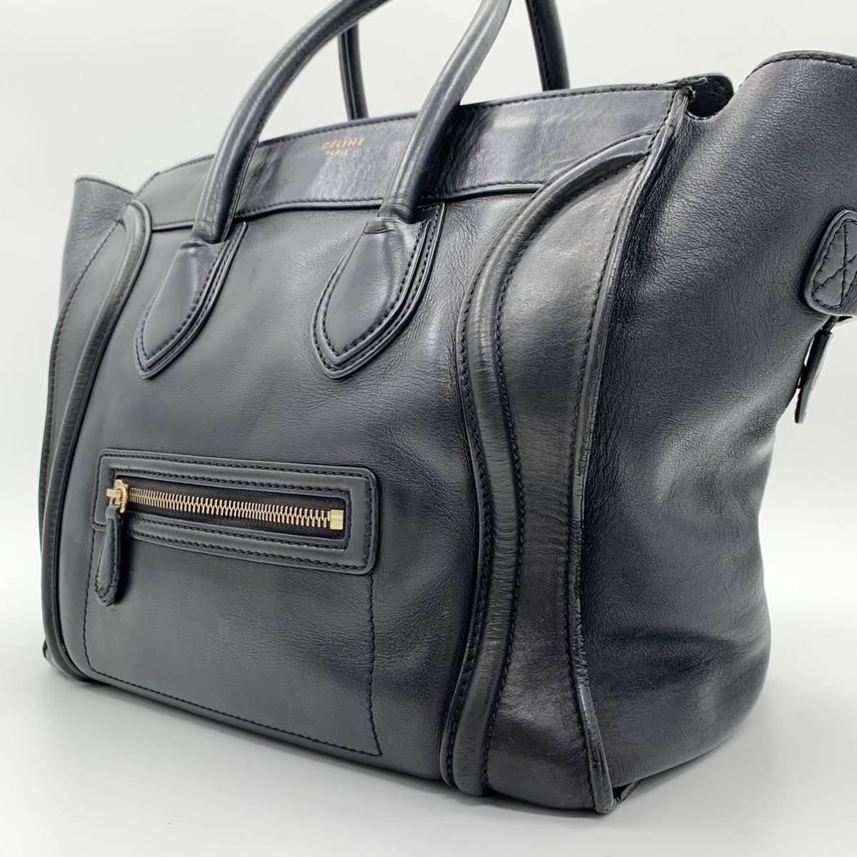 1円【美品・人気商品】セリーヌ CELINE トートバッグ ハンド ラゲージ ミニショッパー 本革 レザー 黒 ブラック 大容量 A4可能 レディース