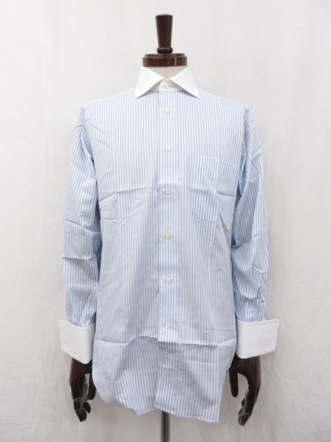未使用 【麻布テーラー azabu tailor】 ストライプ柄 ダブルカフス クレリック長袖シャツ (メンズ) ライトブルー×ホワイト ●29MK1128●