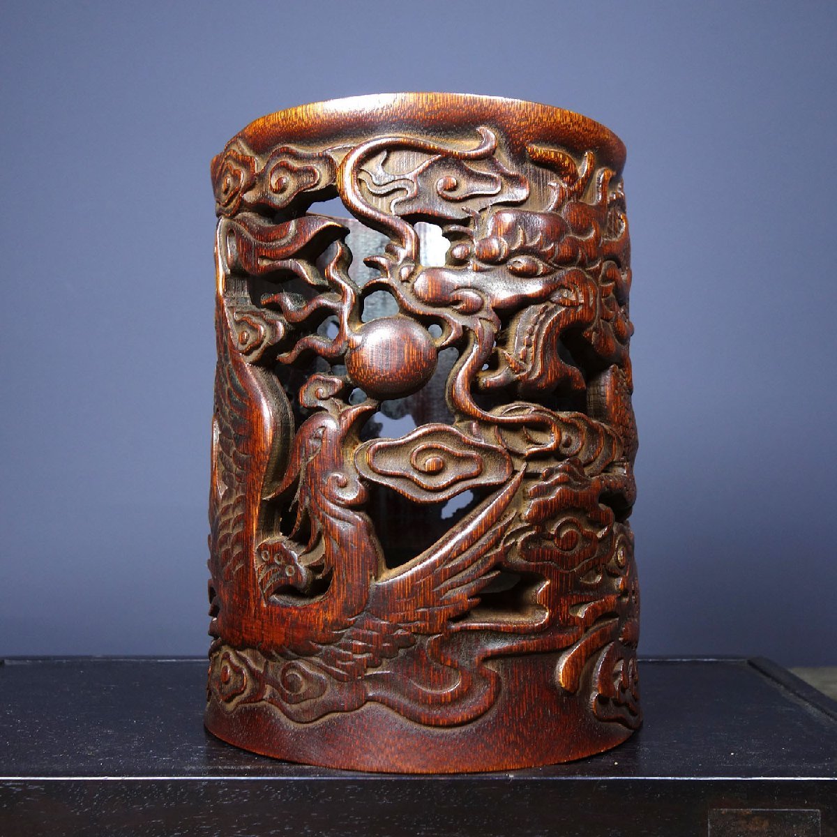 ◇古軒堂◇中国・時代物 ペン立て 龍 竜 鳳 朱雀 彫刻 極細工 古美術