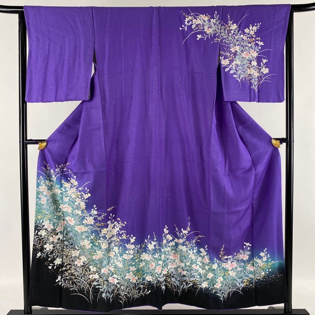 訪問着 身丈154cm 裄丈64.5cm M 袷 草花 銀通し 金銀彩 紫 正絹 美品 秀品 【中古】