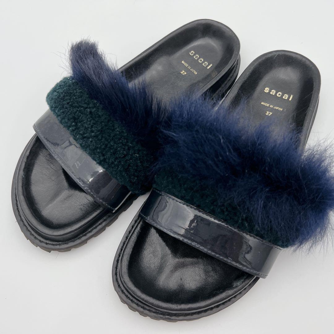 【１円スタート】 sacai サカイ ファー ムートン 切り替え レザー サンダル ブラック ネイビー サイズ37