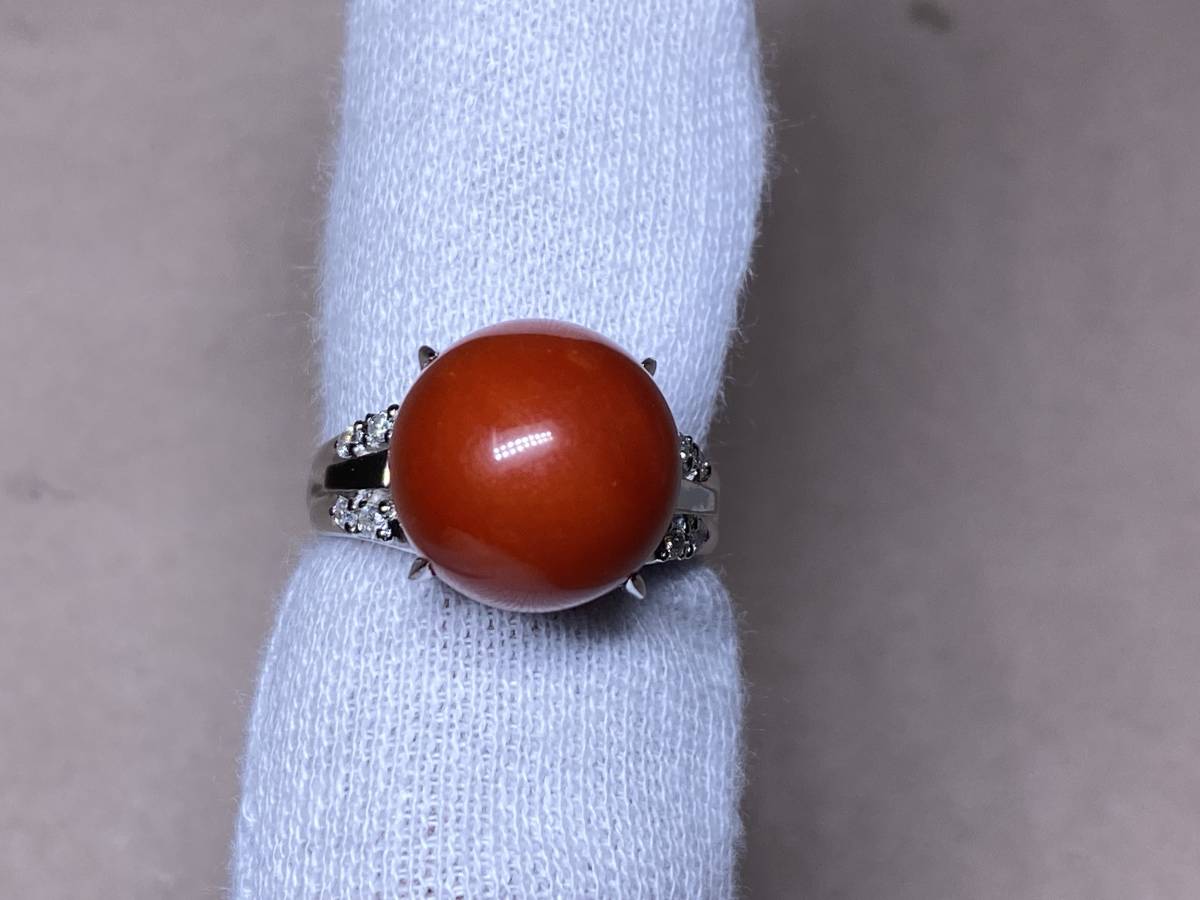 ☆pt900 プラチナ　赤珊瑚　丸玉　指輪 リング　直径12.6mm　重量9.8g　サンゴ　アクセサリー☆7-1