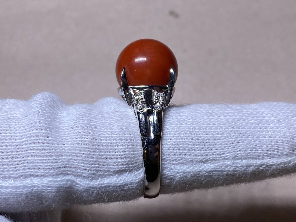 ☆pt900 プラチナ　赤珊瑚　丸玉　指輪 リング　直径12.6mm　重量9.8g　サンゴ　アクセサリー☆7-1