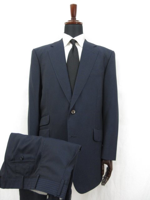 【FINTEX of LONDON フィンテックス】 シングル2ボタン オーダースーツ (メンズ) size52相当 ネイビー系 ストライプ柄 ●28RMS6214●