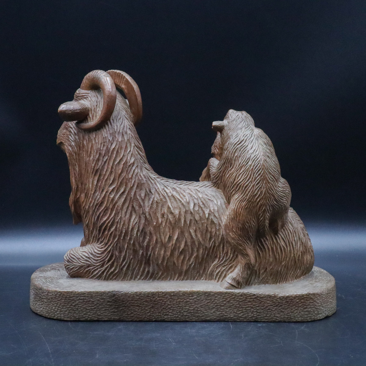 宙】彫刻家 後藤正盛作 木彫 山羊親子像 41.5cm オブジェ 置物 細密