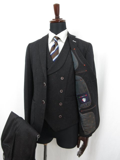 超美品 【ALE JILLBELTO アルジルベルト】 ネップ生地 シングル2ボタン 3ピーススーツ (メンズ) size46 ブラウン系 ●28RMS6313●