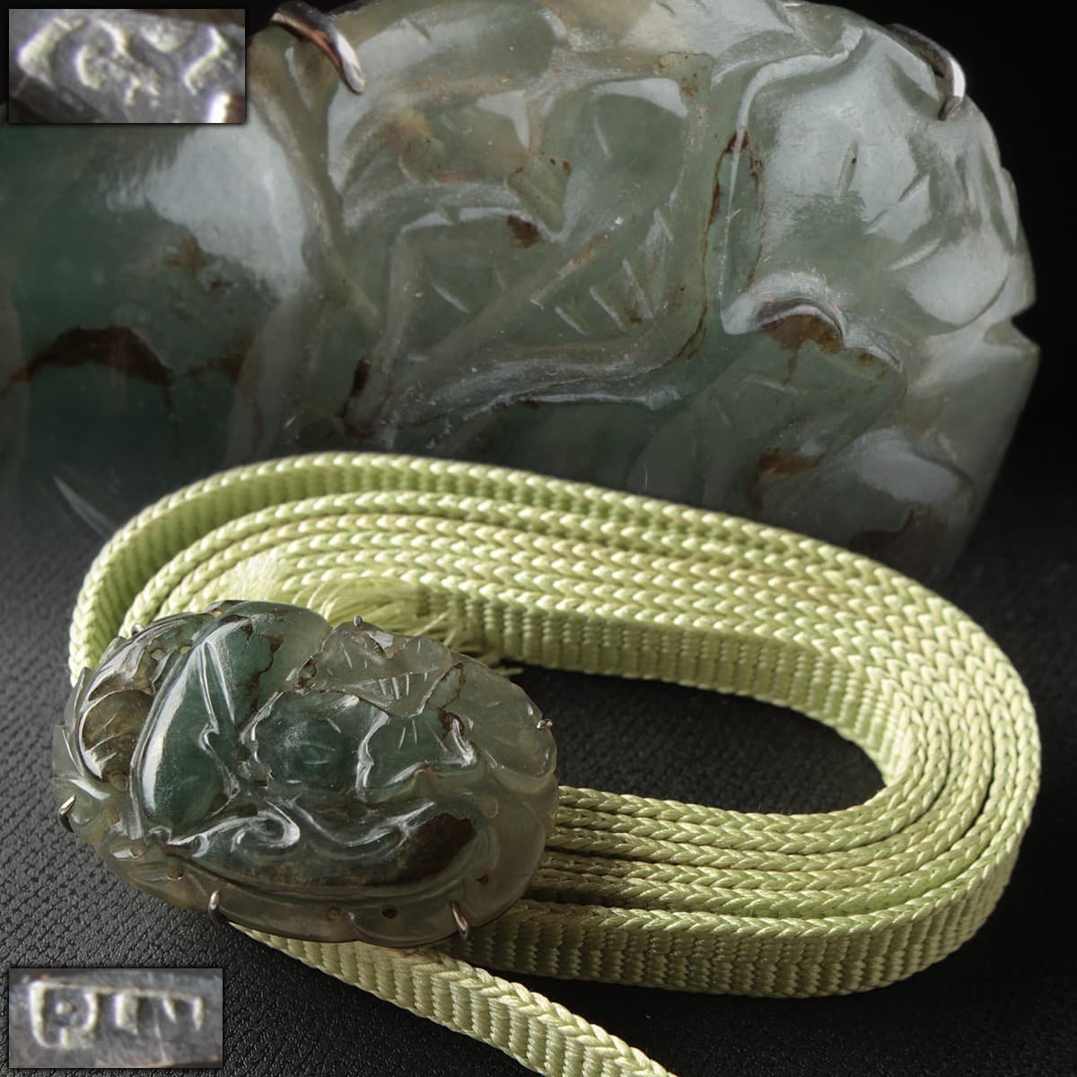 #47様 EM715 【C.Y】プラチナ裏金具 翡翠鞘豌豆図 帯留め 横4cm 重20g PLM
