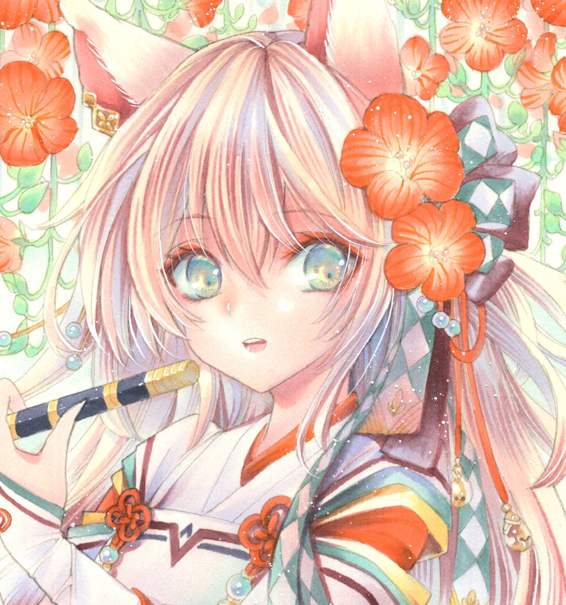 同人手描きイラスト・オリジナル『狐と凌霄花』A4サイズ水彩紙(手描き