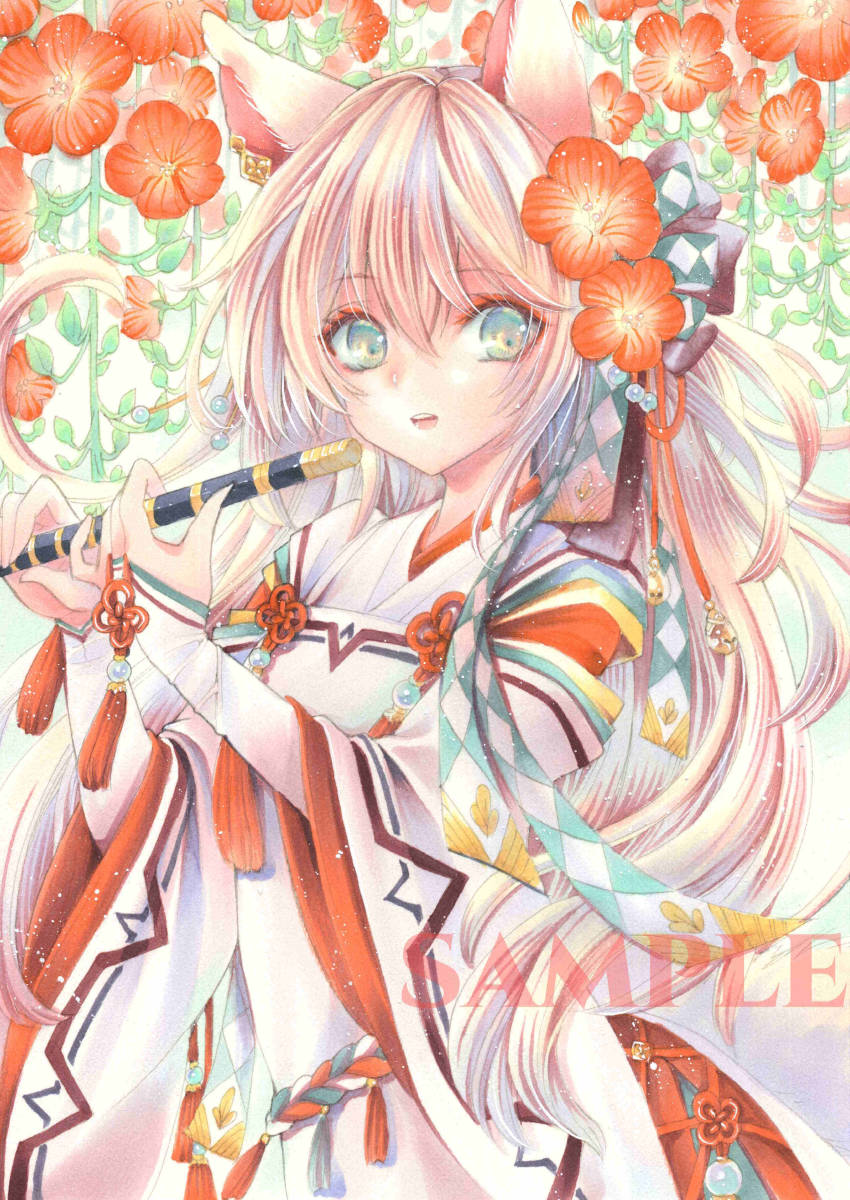 同人手描きイラスト・オリジナル『狐と凌霄花』A4サイズ水彩紙(手描き