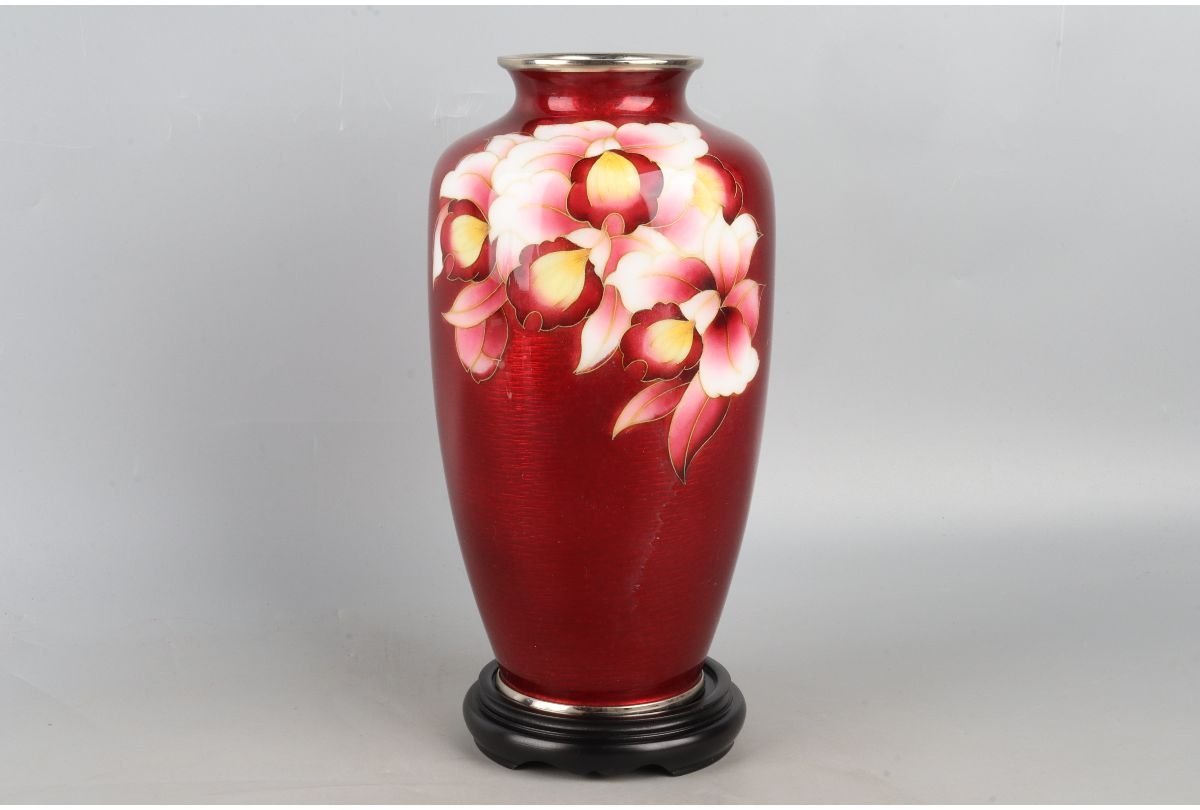URA]七宝蘭紋花瓶/25cm・約1473g/5-8-155(検)骨董/七宝焼/花器/花入 