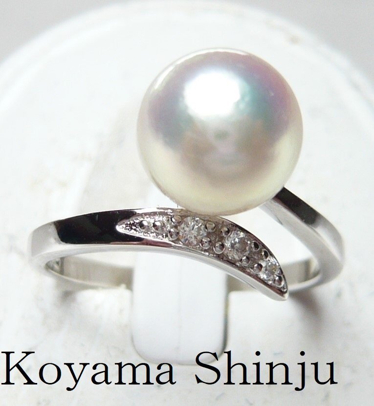 新品★小山真珠★１円～絶品カラー！ナチュラルホワイトグリーンピンク系大珠あこや本真珠フリーサイズファッションリング