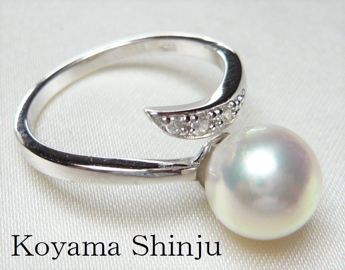 新品★小山真珠★１円～絶品カラー！ナチュラルホワイトグリーンピンク系大珠あこや本真珠フリーサイズファッションリング