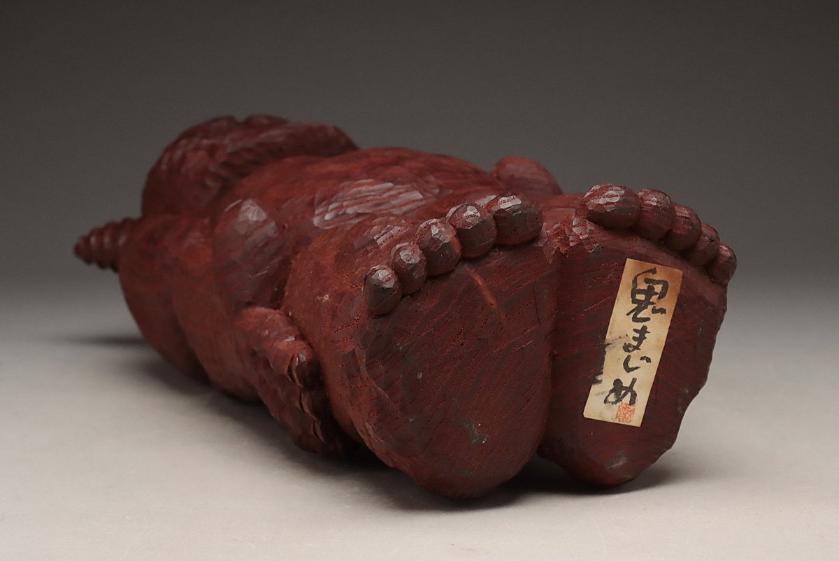EM752 【野村たかあき 作】木彫鬼「鬼まじめ」高38.3cm 重2.2kg タトウ