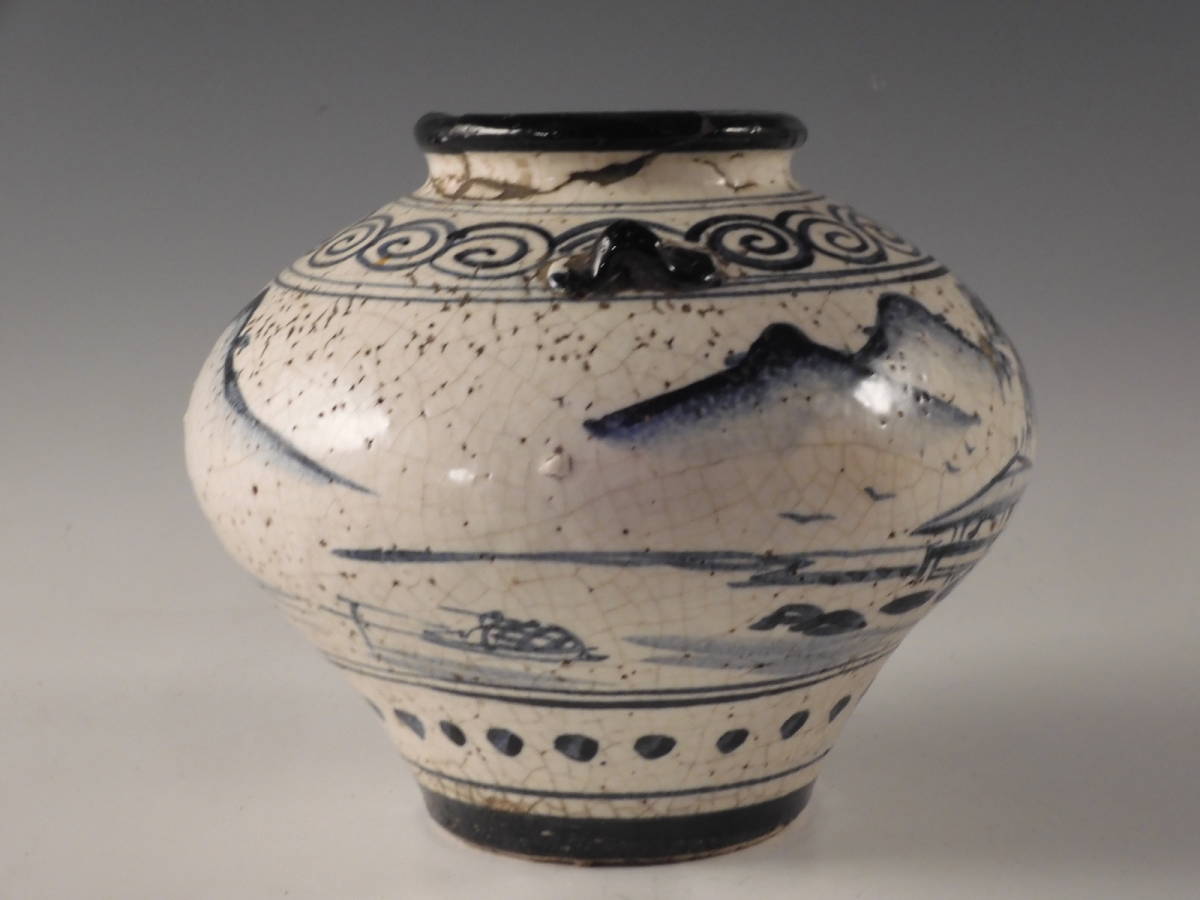 高橋 道八造染付 楼閣山水 花入 飾壺