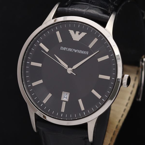 1円 稼働 良品 エンポリオアルマーニ QZ AR-2411 黒文字盤 デイト ラウンド メンズ腕時計 9933000HSY
