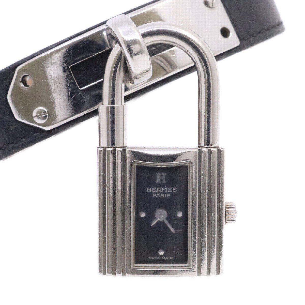 【ジャンク品】エルメス ケリーウォッチ クォーツ レディース 腕時計 シルバー925金具 黒文字盤 純正ブラック革ベルト【いおき質店】