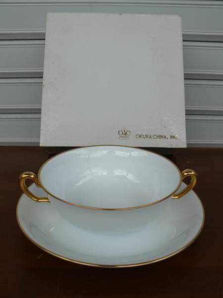 未使用 大倉陶園 ゴールドライン スープ器&皿 ② 金彩 白磁