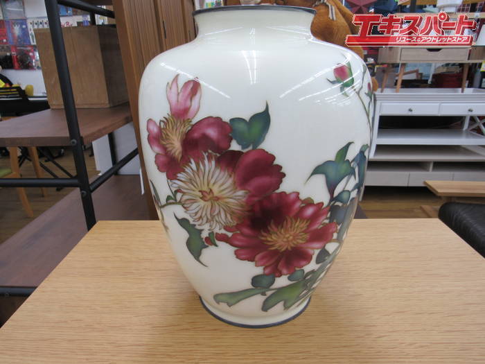 安藤七宝店 造 純銀縁玉釉有線七宝花図中太形花瓶 花瓶 壺 辻堂店