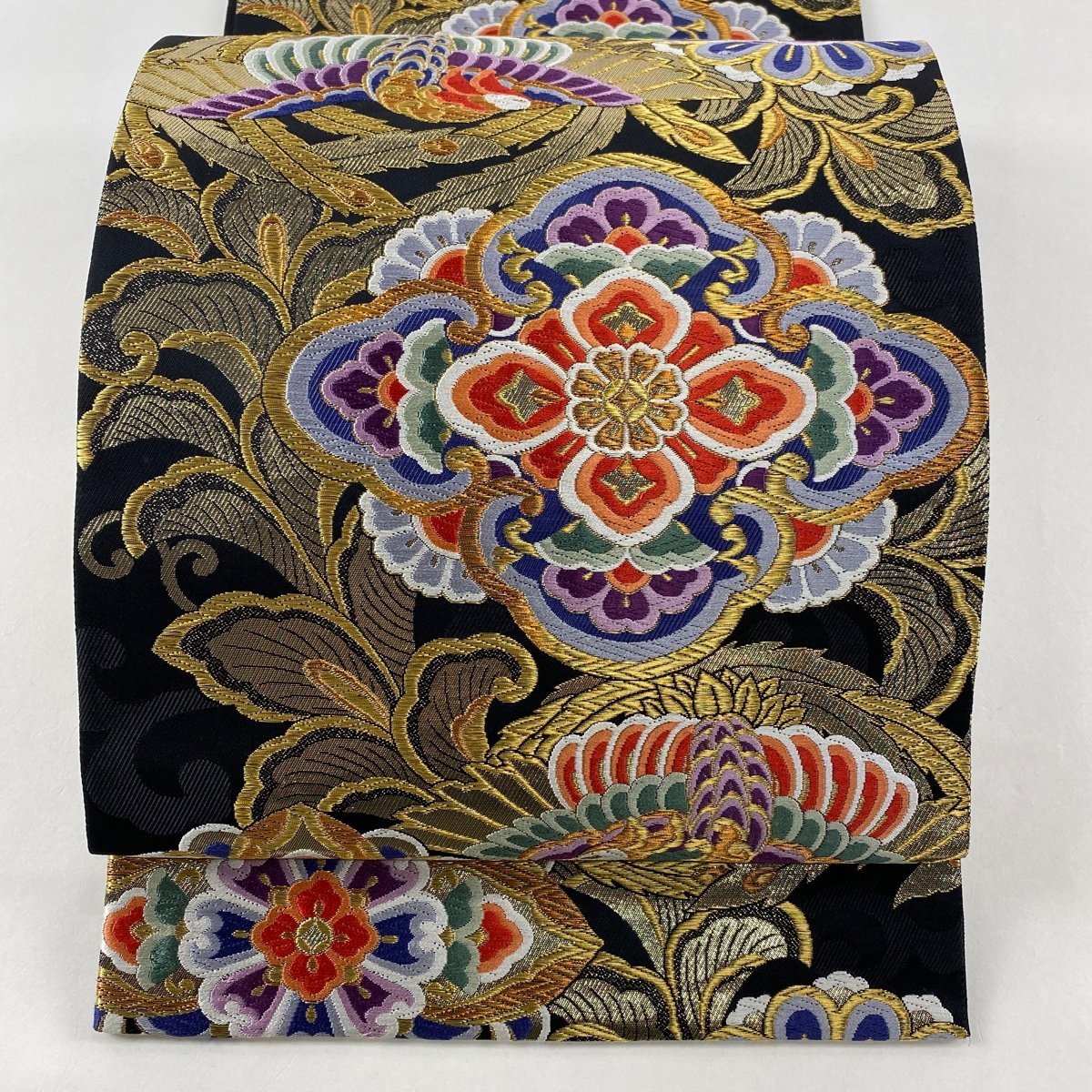 袋帯 美品 秀品 華文 鳥 金糸 黒 六通 正絹 【中古】