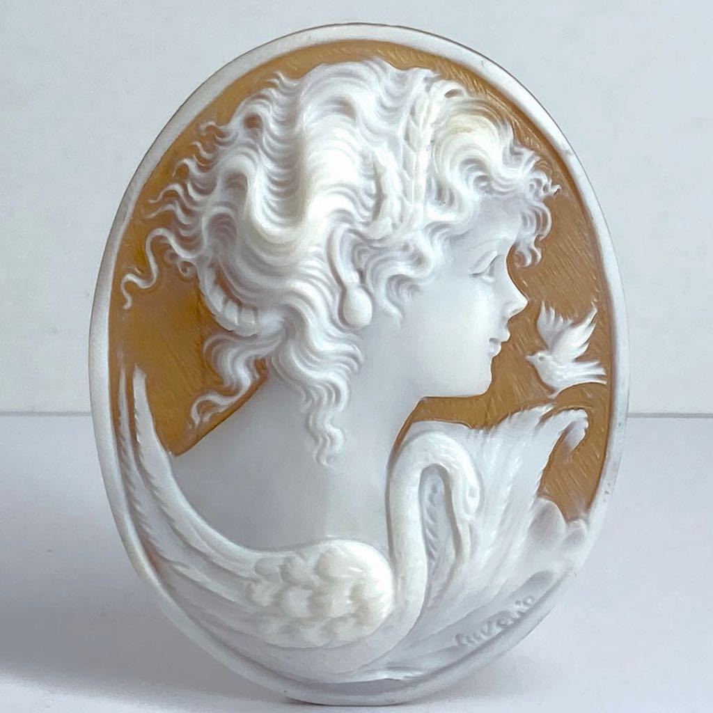 ●シェルカメオ9.7g● s 49ct 60.1×45.1mm 鳥 貴婦人 flower CAMEO アンティーク shell 繊細 ルース CE0