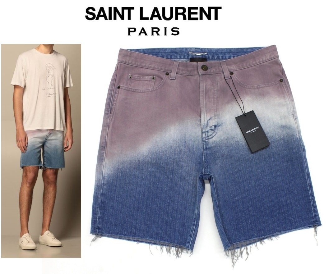 12万新品◆31◆【サンローラン】ピンク青グラデーション カットオフハーフデニムジーンズ 1円