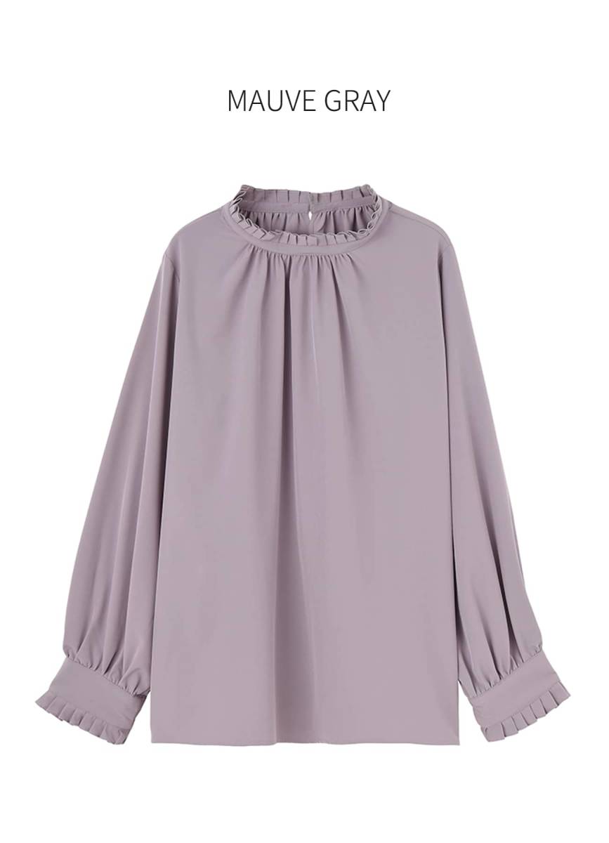 ■【STYLE DELI】襟元プリーツブラウス／モーヴグレー・Mサイズ
