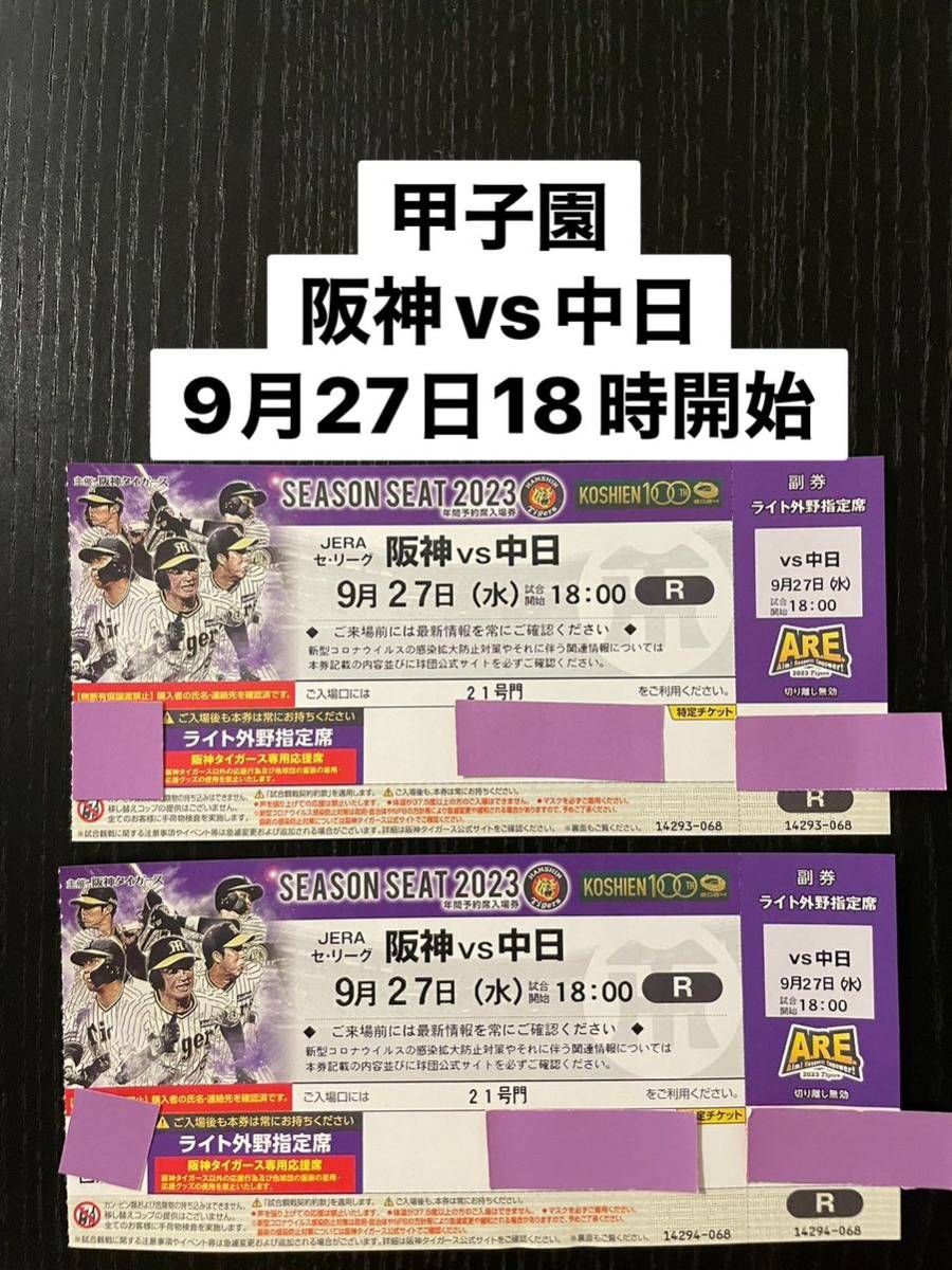 9月27日（水曜日）阪神VS中日 18時試合開始 甲子園 ライト外野指定 2枚 連番 