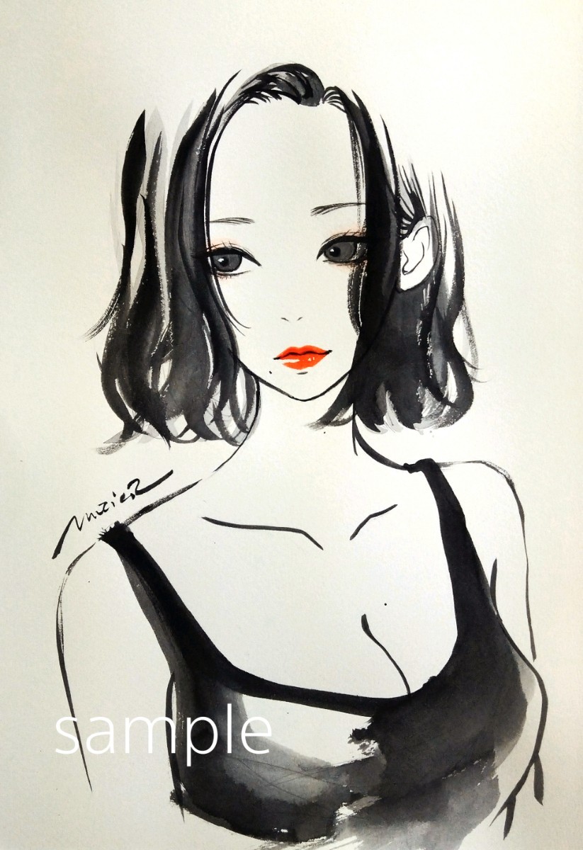 肉筆原画 手描きイラスト 絵画 ドローイング A4 美人画 水彩画 mucica