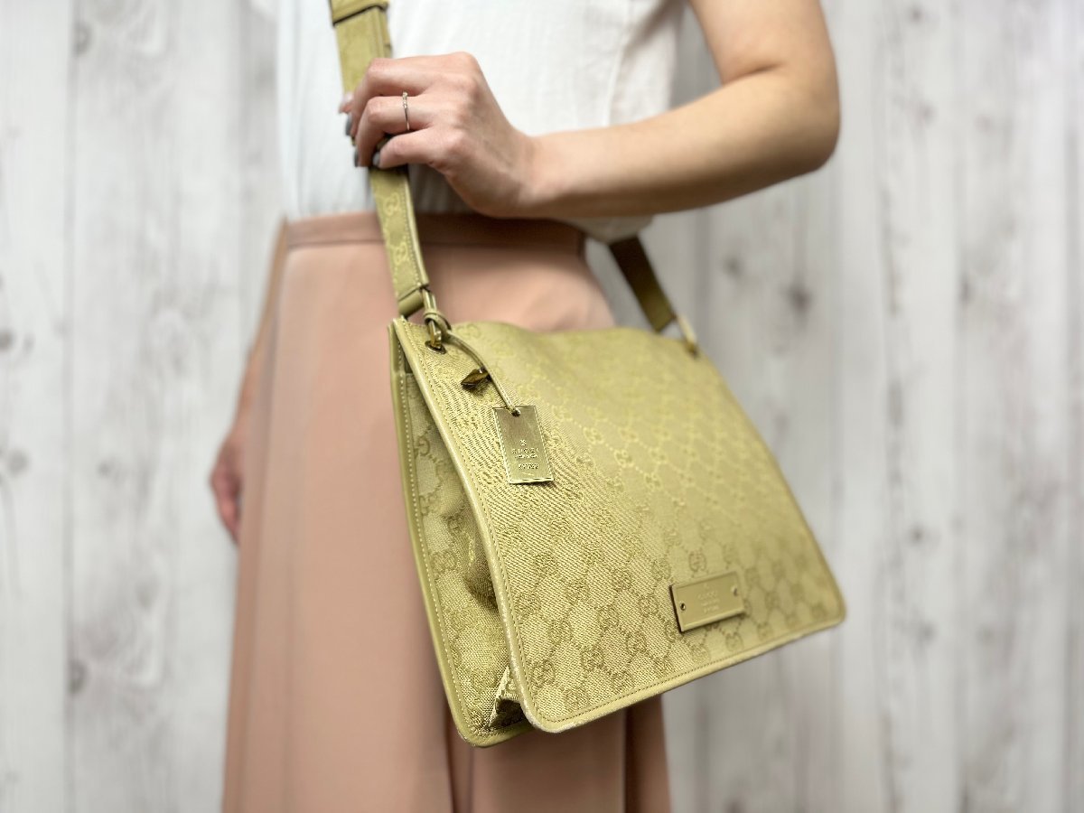 得価，正規品 極 GUCCI グッチ GGキャンバス ショルダーバッグ バッグ キャンバス&times;レザー&times;キャンバス イエローカーキ 63463(かばん、バッグ)｜売買されたオークション情報、yahooの商品情報をアーカ かばん、バッグ