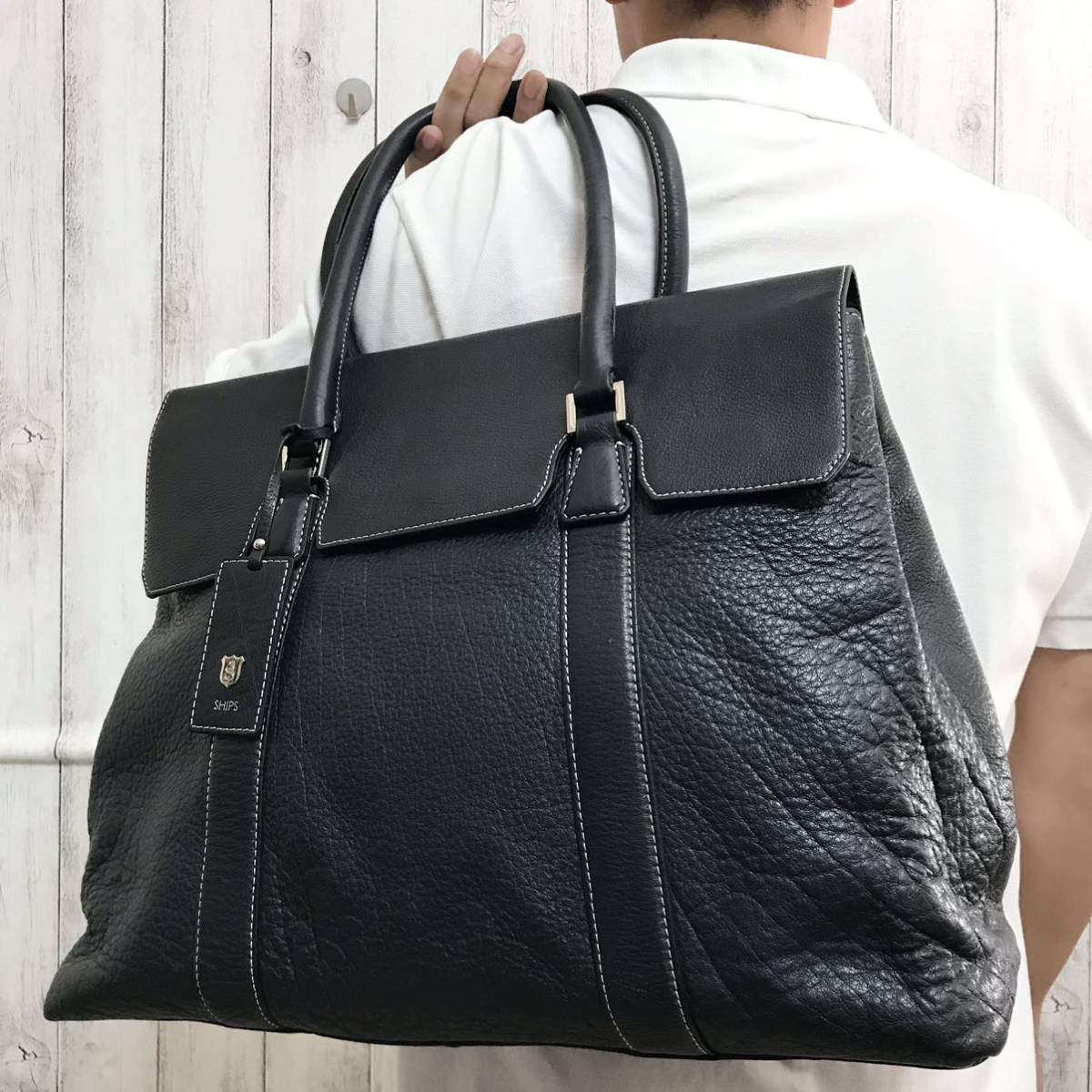 得価，HOT 1円【極美品】シップス SHIPS メンズ ビジネス トートバッグ ブリーフケース 被せ 大容量 A4 書類かばん PV レザー 本革 ネイビー 紺 