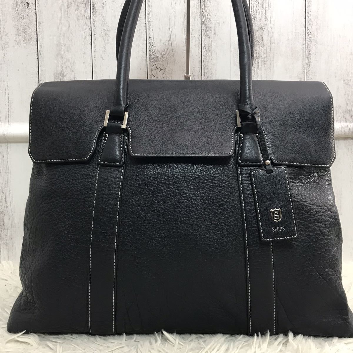 得価，HOT 1円【極美品】シップス SHIPS メンズ ビジネス トートバッグ ブリーフケース 被せ 大容量 A4 書類かばん PV レザー 本革 ネイビー 紺 