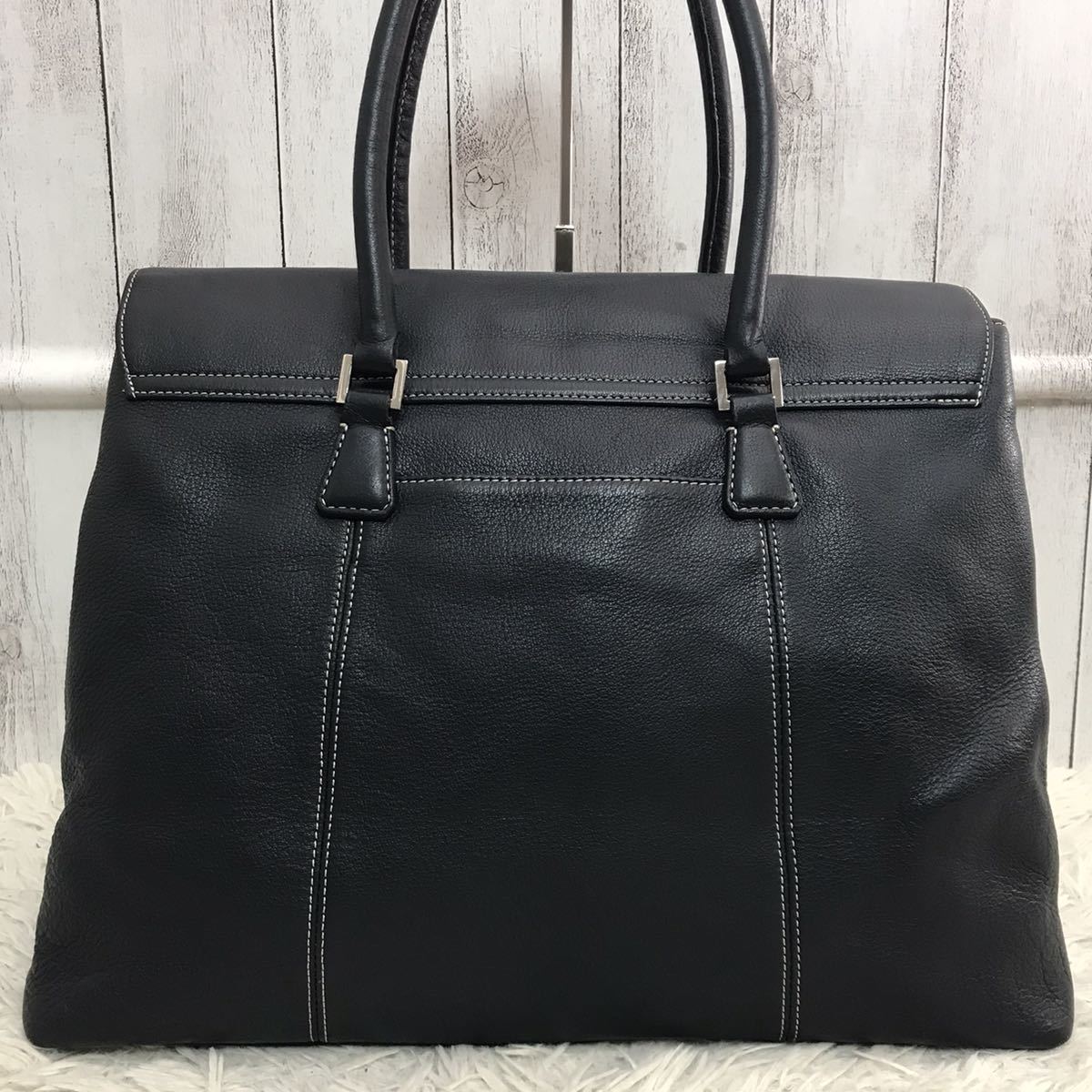 得価，HOT 1円【極美品】シップス SHIPS メンズ ビジネス トートバッグ ブリーフケース 被せ 大容量 A4 書類かばん PV レザー 本革 ネイビー 紺 