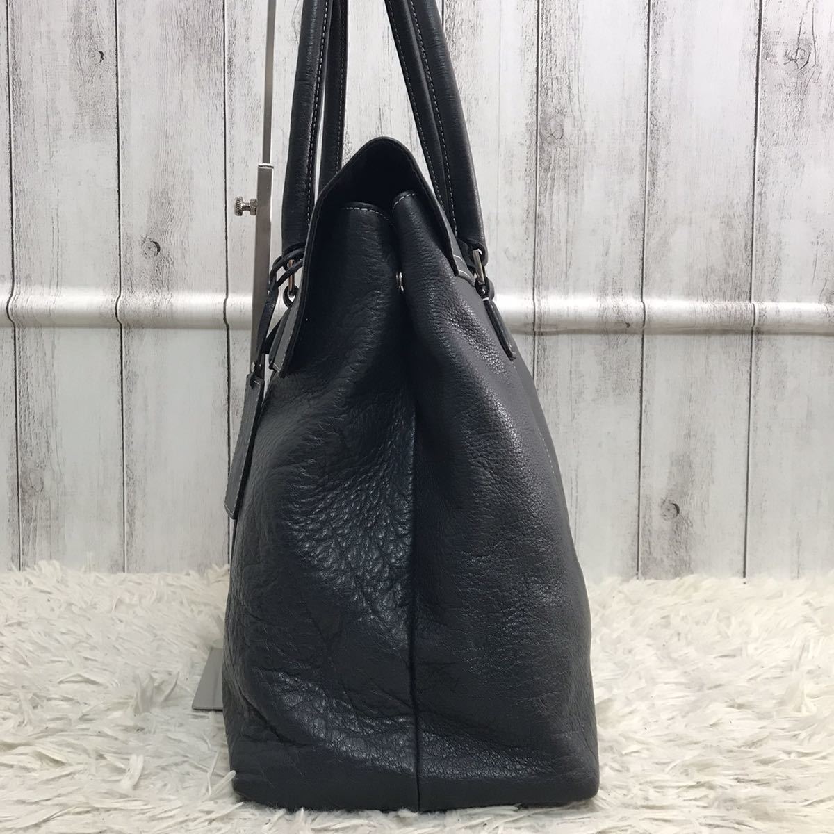得価，HOT 1円【極美品】シップス SHIPS メンズ ビジネス トートバッグ ブリーフケース 被せ 大容量 A4 書類かばん PV レザー 本革 ネイビー 紺 