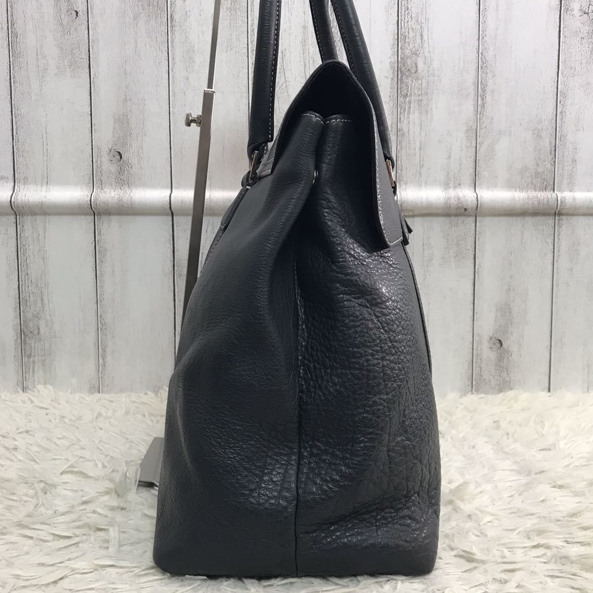 得価，HOT 1円【極美品】シップス SHIPS メンズ ビジネス トートバッグ ブリーフケース 被せ 大容量 A4 書類かばん PV レザー 本革 ネイビー 紺 