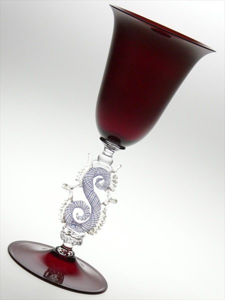 n324 ムラノ ベネチアングラス サイン入り 金彩 色付 レース模様 ワイングラス