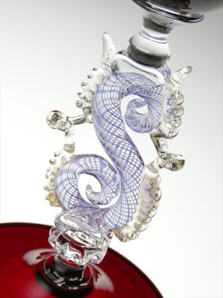 n324 ムラノ ベネチアングラス サイン入り 金彩 色付 レース模様 ワイングラス