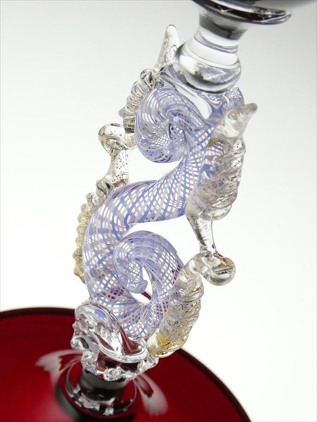 n324 ムラノ ベネチアングラス サイン入り 金彩 色付 レース模様 ワイングラス