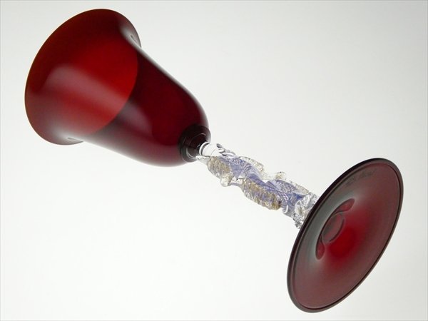 n324 ムラノ ベネチアングラス サイン入り 金彩 色付 レース模様 ワイングラス