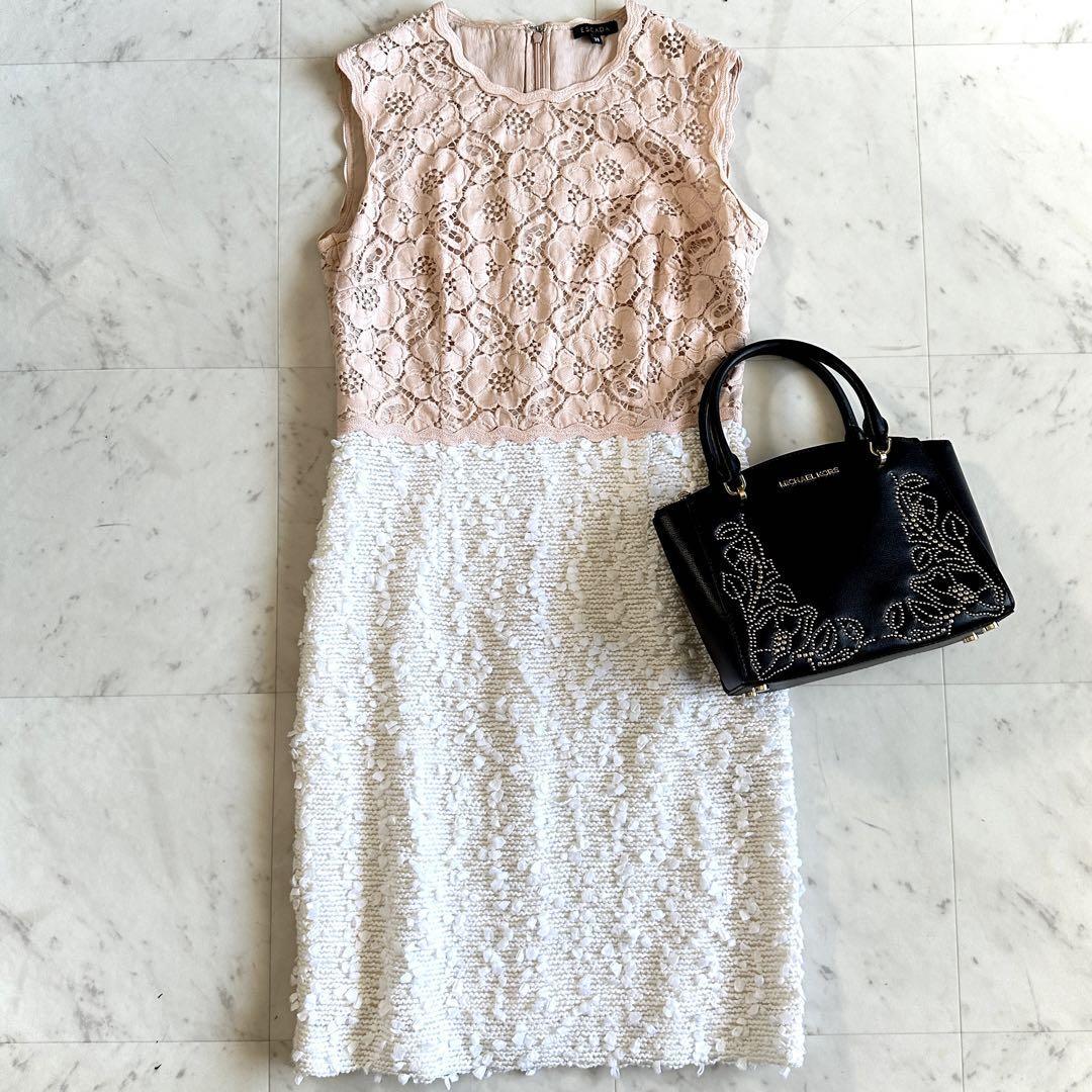 極美品＊エスカーダ ツイードスカート ドッキングワンピース サイズ38 ピンク×白 ESCADA レディース フォーマル 