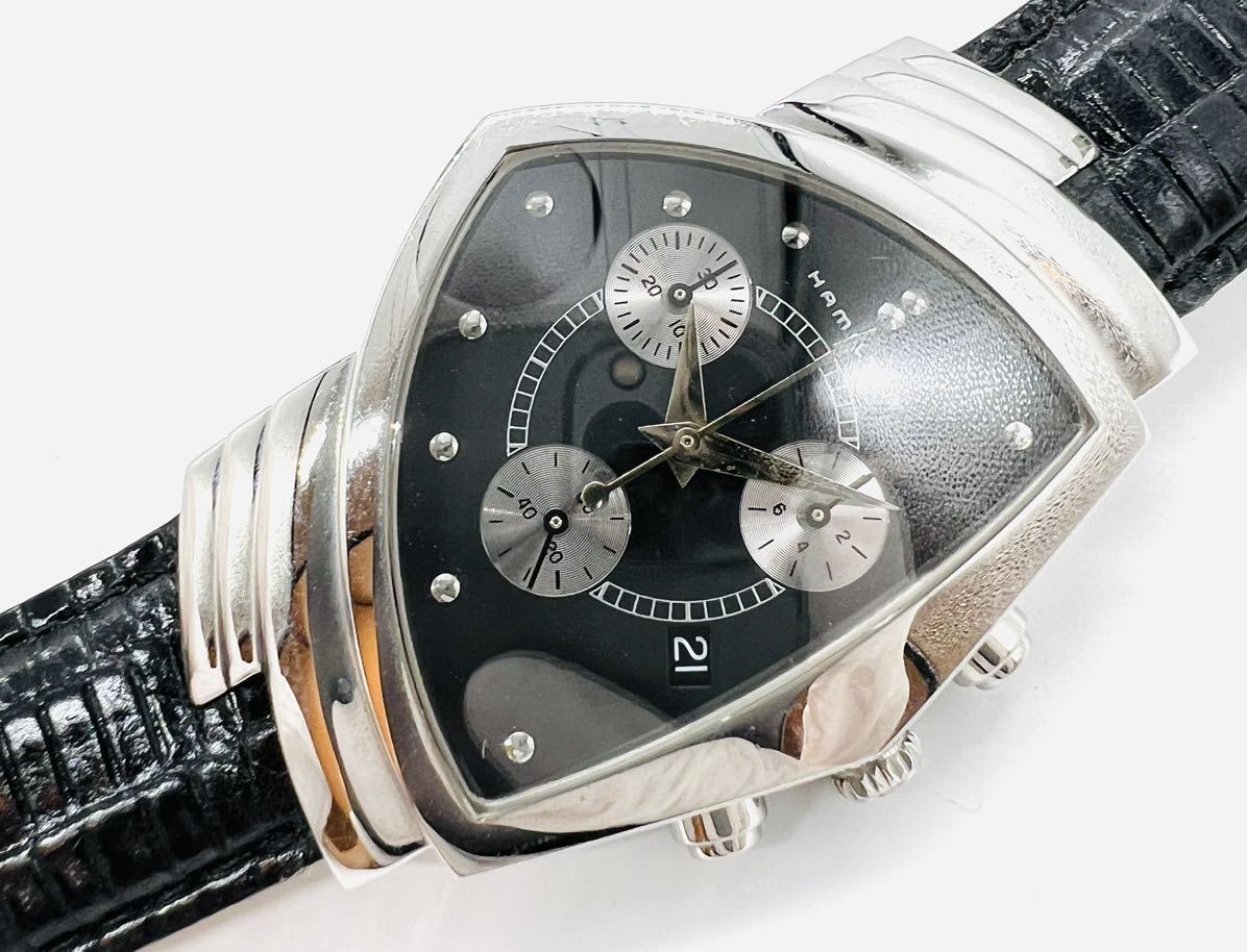 希少モデル！美品 ハミルトン ベンチュラ クォーツ腕時計 6345 クロノグラフ 黒文字盤 ブラック デイト メンズ 