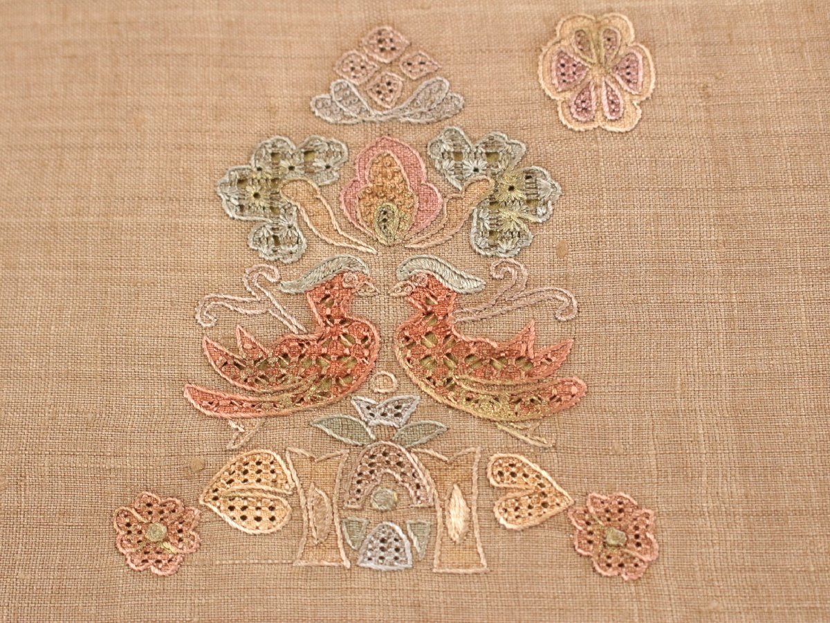 ＊美品＊ 汕頭（スワトウ）刺繍　結城紬袋帯　正倉院樹下双鳥文様　ガード加工済　e9-140