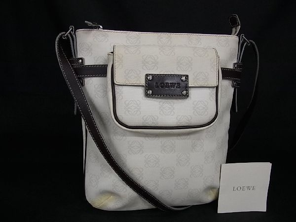 1円 LOEWE ロエベ リピートアナグラム PVC×レザー ショルダーバッグ クロスボディ 斜め掛け レディース オフホワイト系 CC0170