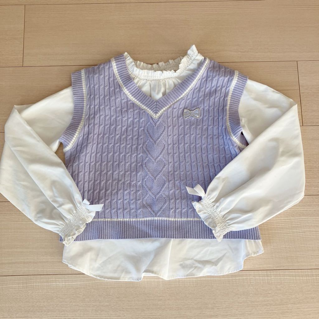 mezzo piano メゾピアノ購入 ロゴ刺繍入りニットベスト付きブラウス  