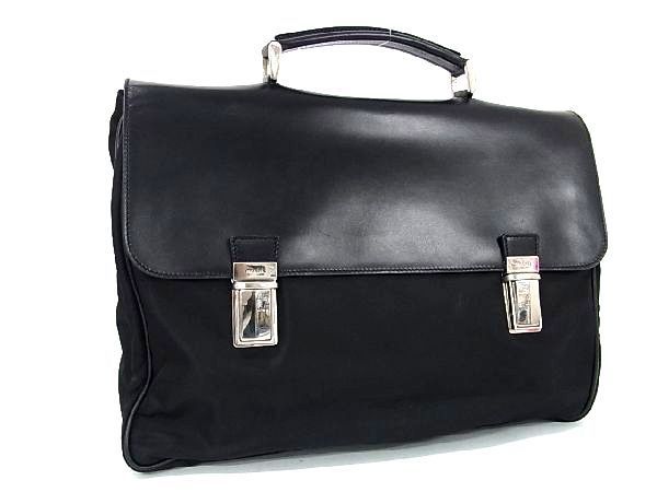 1円 ■美品■ PRADA プラダ テスートナイロン×レザー ビジネスバッグ ブリーフケース メンズ ブラック系 AQ4078