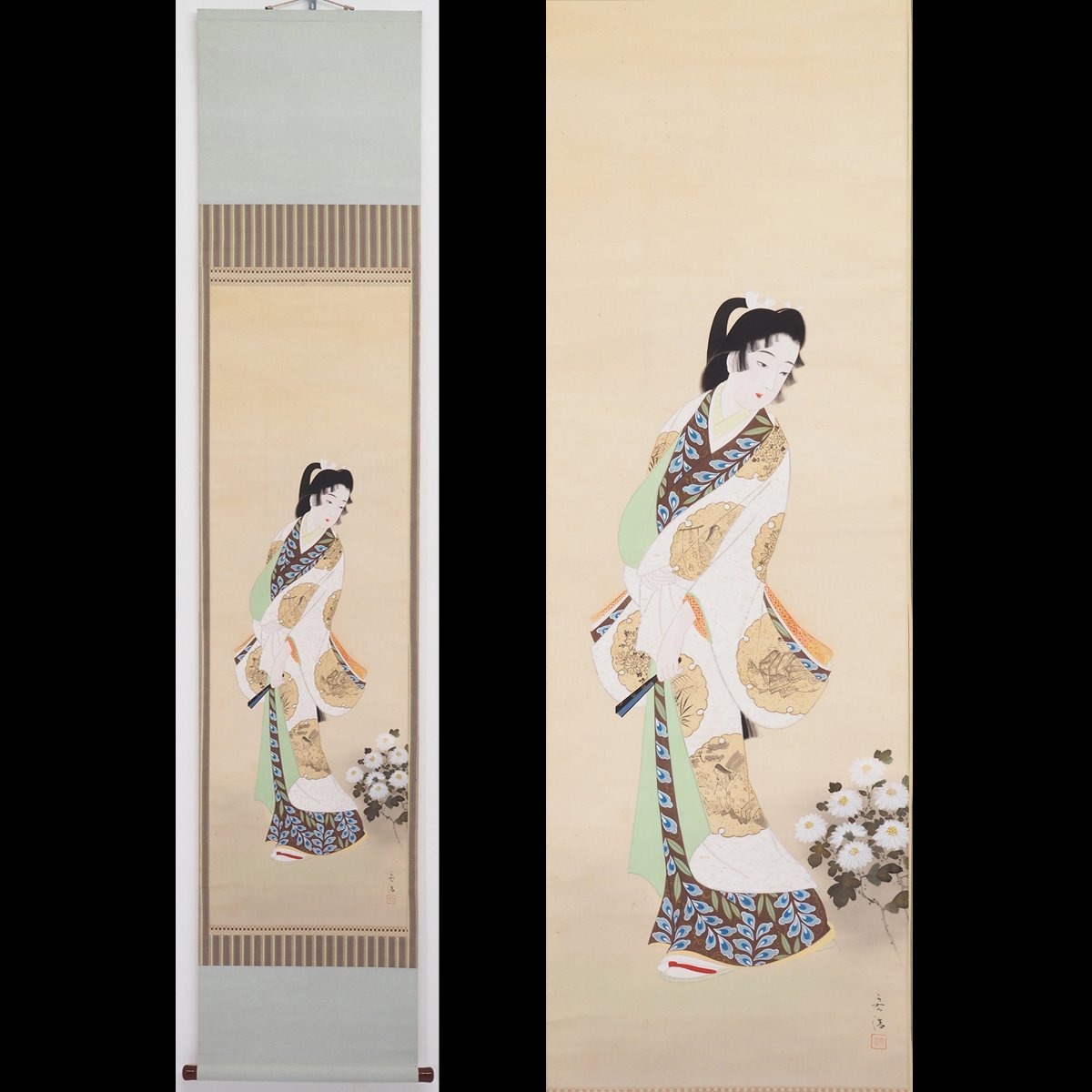 真作】【渡鹿庵】[高根宏浩] 14549 掛軸 日本画 美人画 合箱 絹本