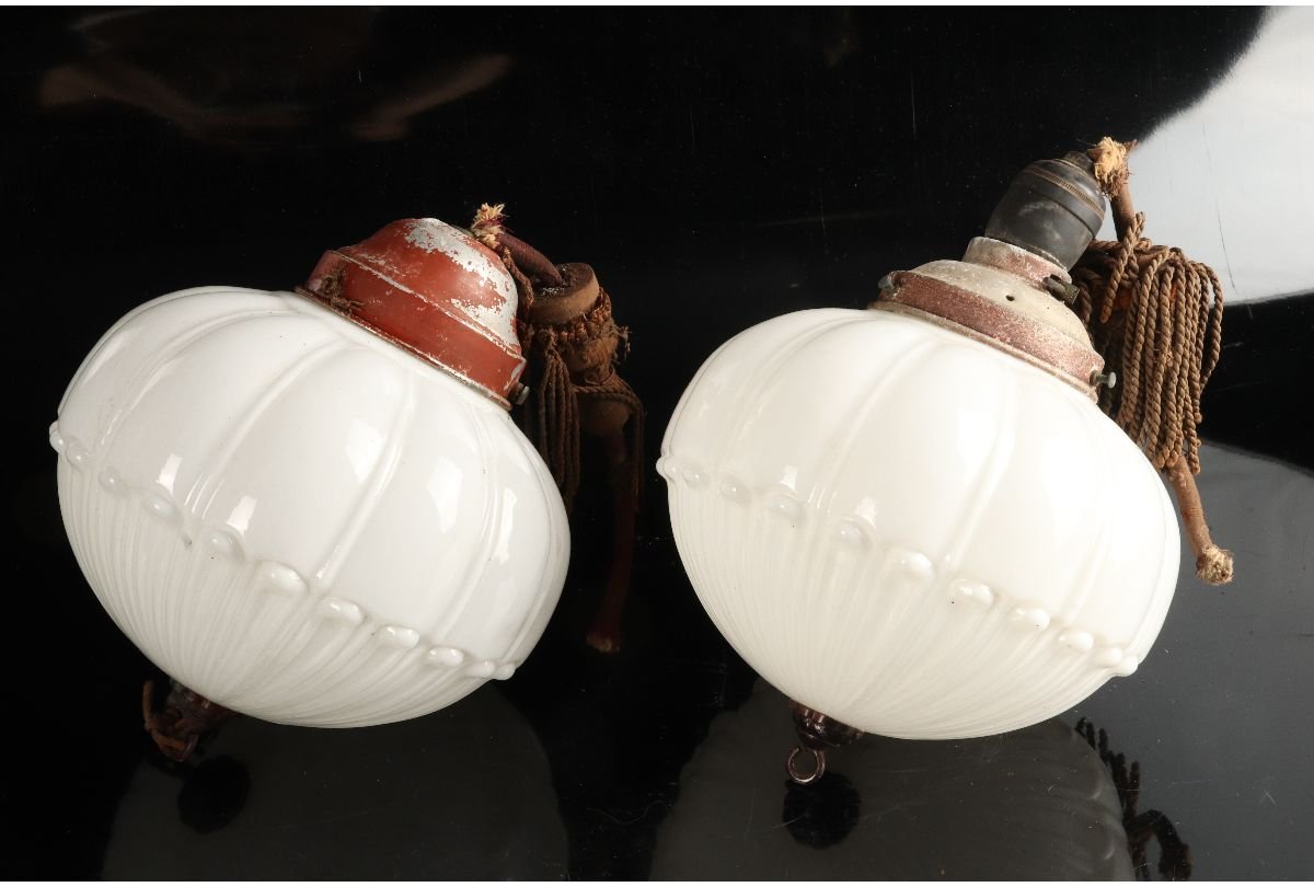 [URA]ガラス製雪洞2点/5-9-136 (検索)骨董/照明/ウォールランプ/ぼんぼり/レトロ/ガラス電笠/吊り下げ照明/照明器具