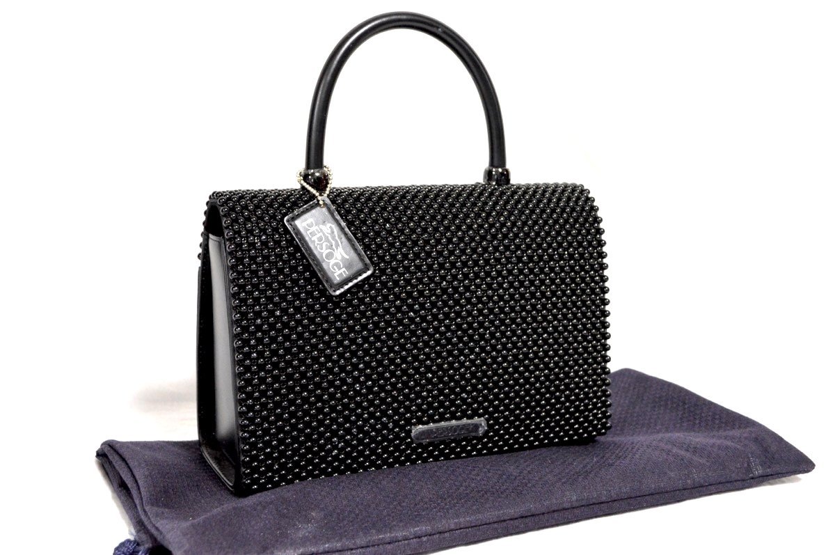 1円○極美品○PERSOGE○黒珊瑚使用 ハンドバッグ○ブラック サンゴ 